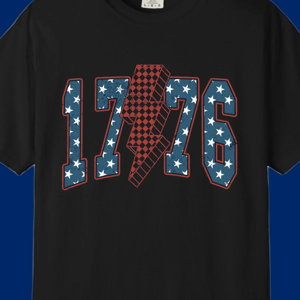 Distressed America 250th 1776 design featuring patriotic numbers with stars and a checkered lightning bolt.