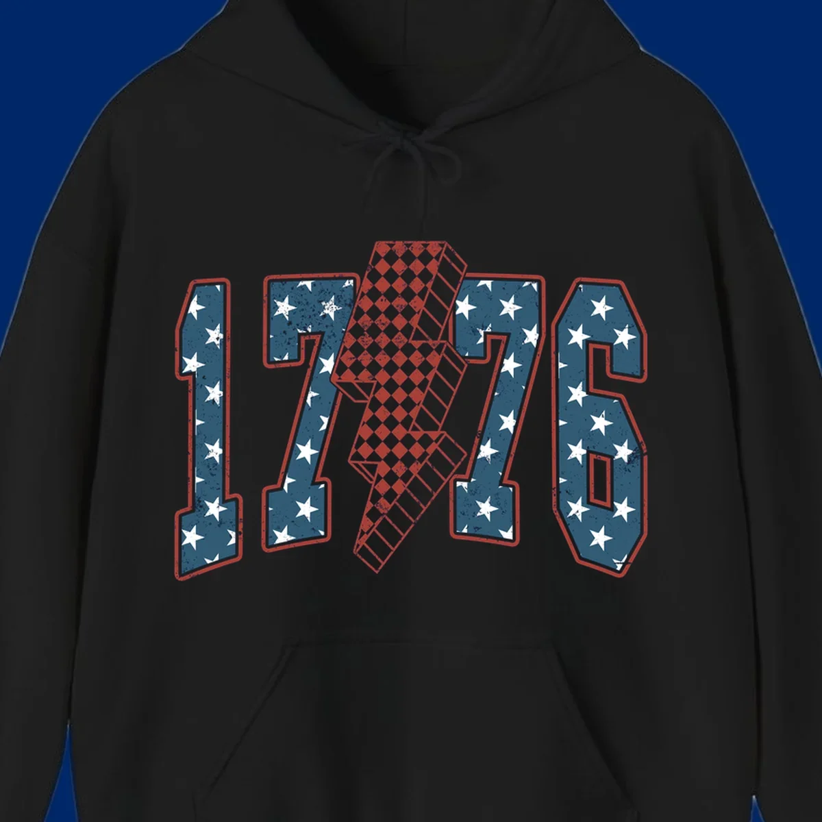 Distressed America 250th 1776 design featuring patriotic numbers with stars and a checkered lightning bolt.