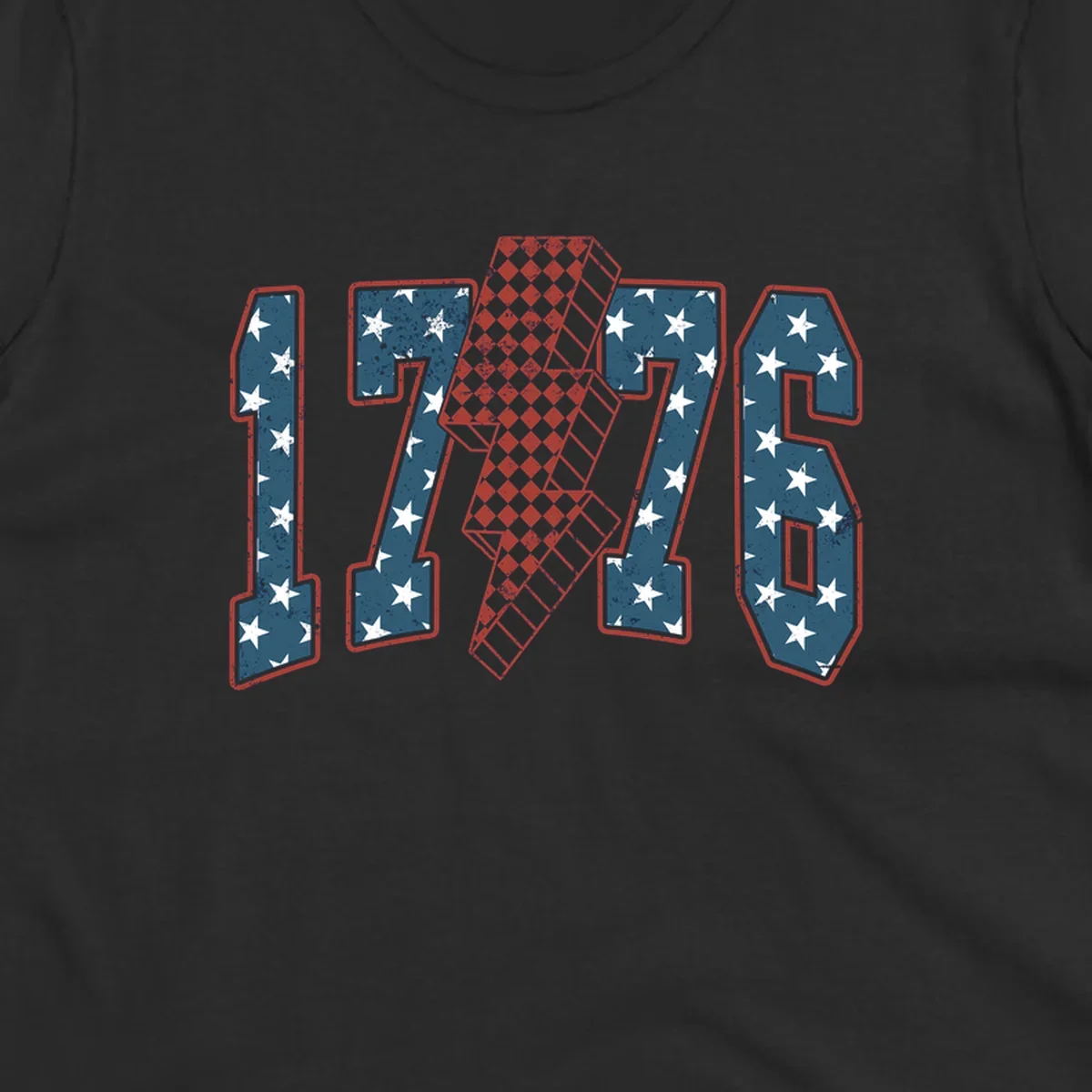 Distressed America 250th 1776 design featuring patriotic numbers with stars and a checkered lightning bolt.