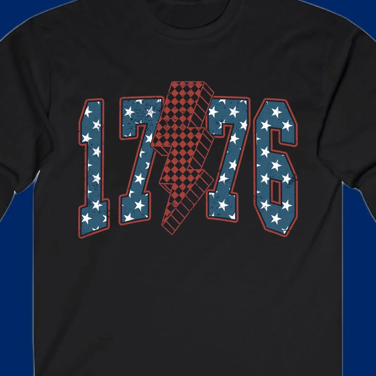 Distressed America 250th 1776 design featuring patriotic numbers with stars and a checkered lightning bolt.