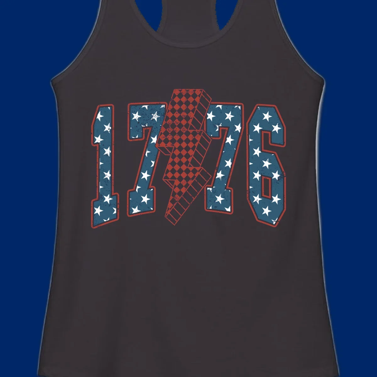 Distressed America 250th 1776 design featuring patriotic numbers with stars and a checkered lightning bolt.