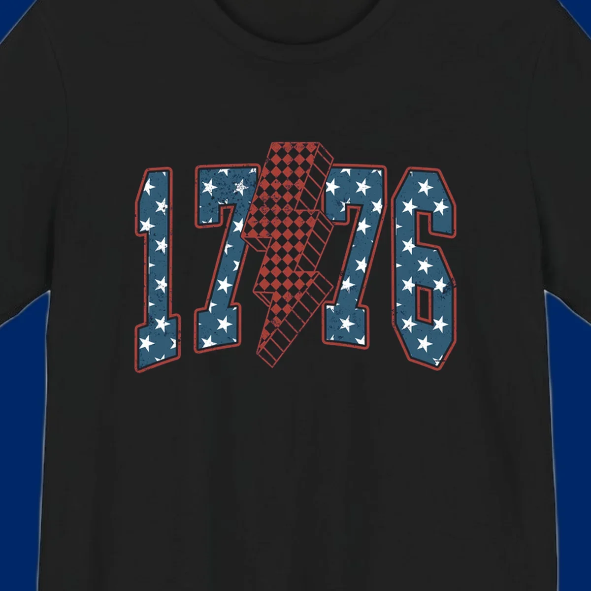 Distressed America 250th 1776 design featuring patriotic numbers with stars and a checkered lightning bolt.