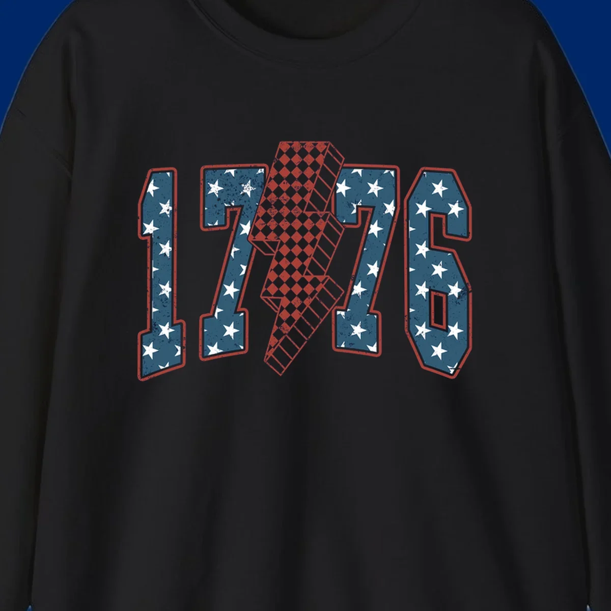 Distressed America 250th 1776 design featuring patriotic numbers with stars and a checkered lightning bolt.