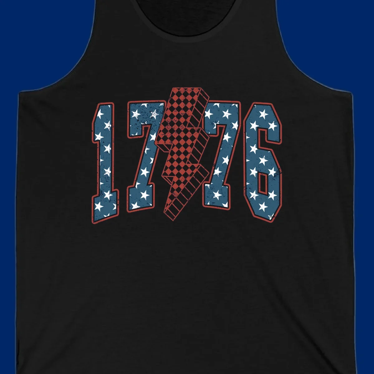 Distressed America 250th 1776 design featuring patriotic numbers with stars and a checkered lightning bolt.