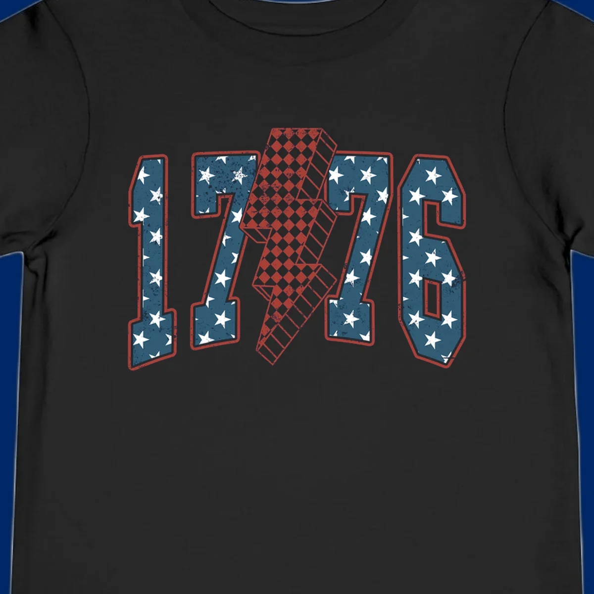 Distressed America 250th 1776 design featuring patriotic numbers with stars and a checkered lightning bolt.