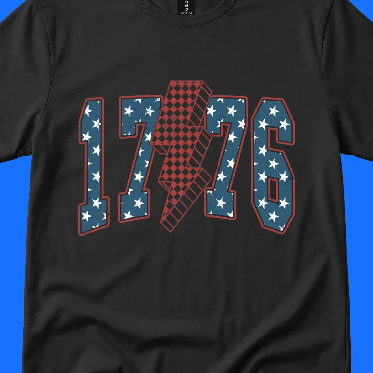 Distressed America 250th 1776 design featuring patriotic numbers with stars and a checkered lightning bolt.