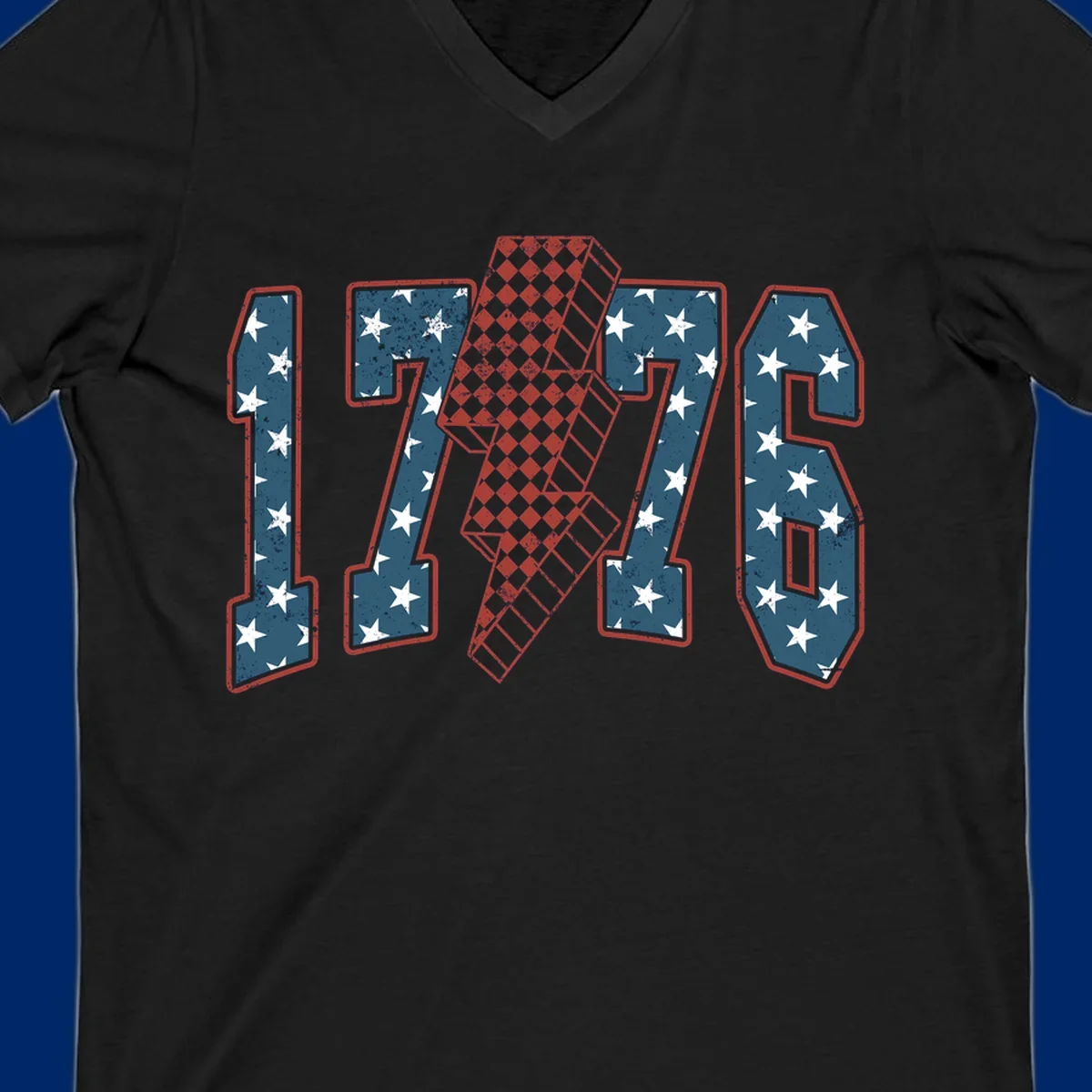 Distressed America 250th 1776 design featuring patriotic numbers with stars and a checkered lightning bolt.