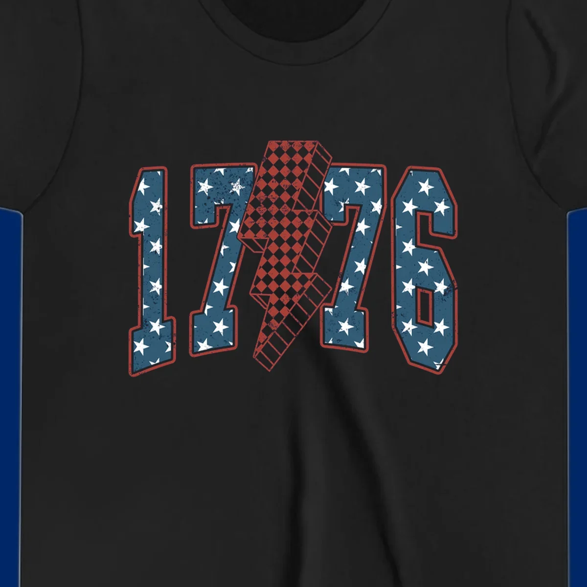 Distressed America 250th 1776 design featuring patriotic numbers with stars and a checkered lightning bolt.