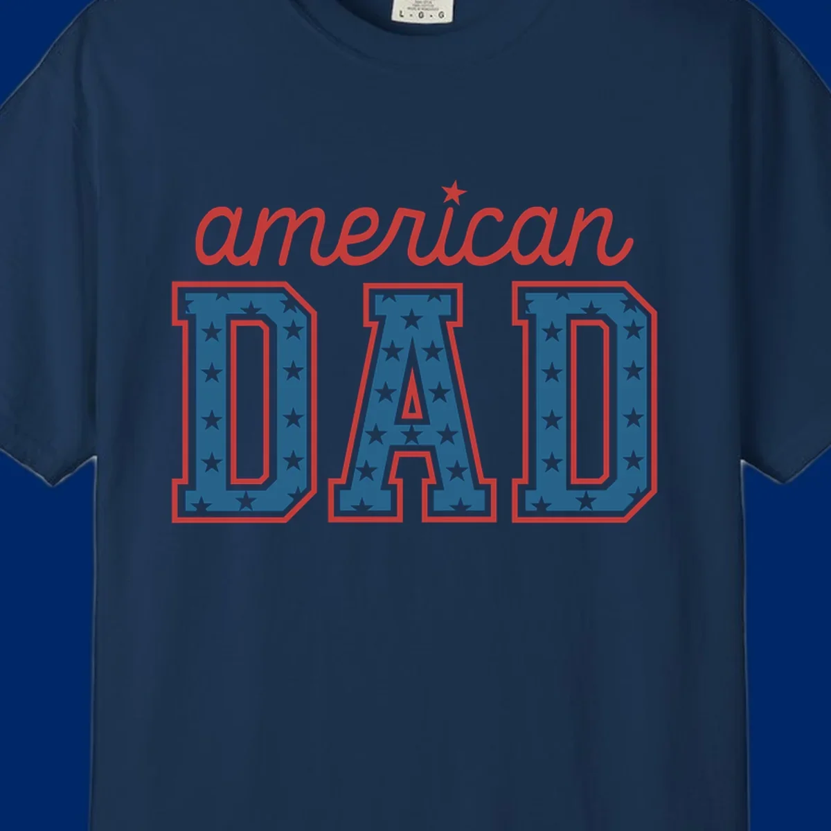 A patriotic design reading 'american DAD'. 'american' is red script with a star. 'DAD' is blue with white stars and a red outline, representing american-dad-patriotic-stars.