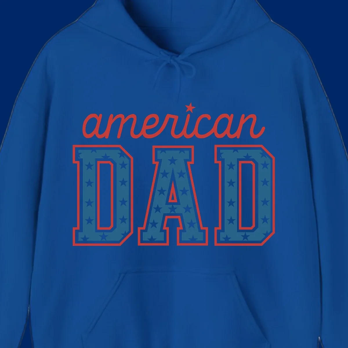 A patriotic design reading 'american DAD'. 'american' is red script with a star. 'DAD' is blue with white stars and a red outline, representing american-dad-patriotic-stars.
