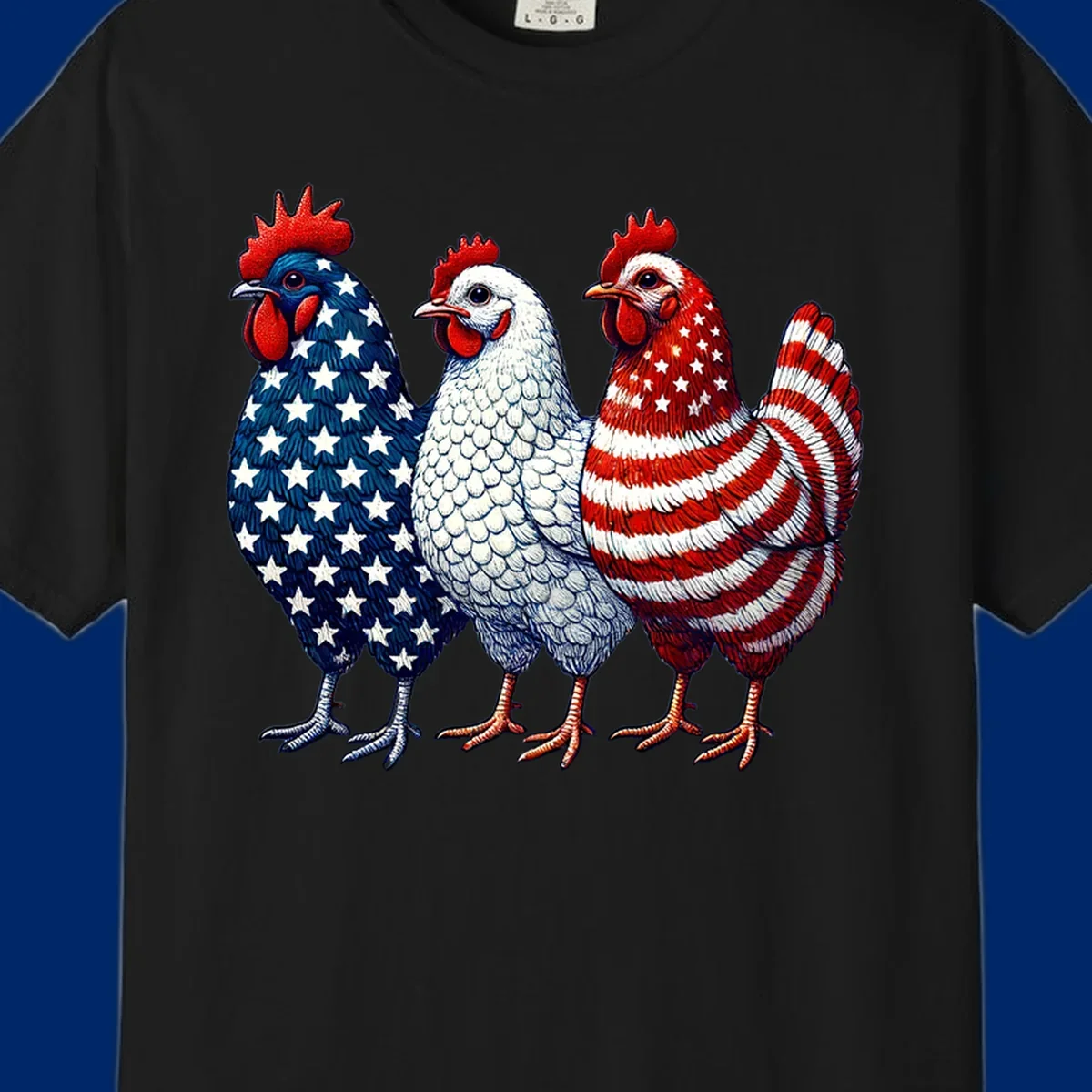 An illustration of a patriotic rooster trio, with each rooster decorated in American flag colors and patterns, including stars and stripes.