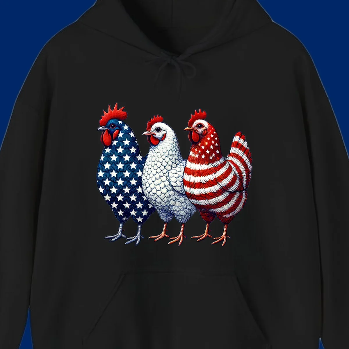 An illustration of a patriotic rooster trio, with each rooster decorated in American flag colors and patterns, including stars and stripes.