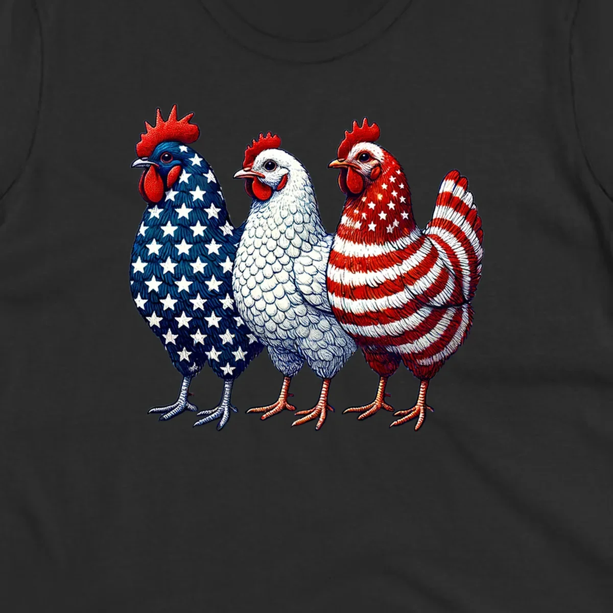 An illustration of a patriotic rooster trio, with each rooster decorated in American flag colors and patterns, including stars and stripes.