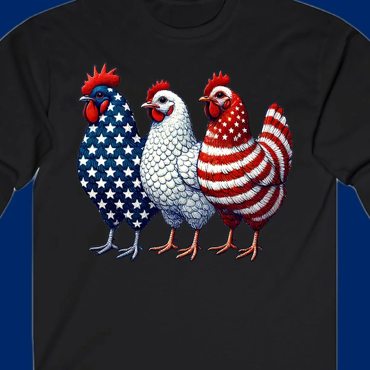 An illustration of a patriotic rooster trio, with each rooster decorated in American flag colors and patterns, including stars and stripes.