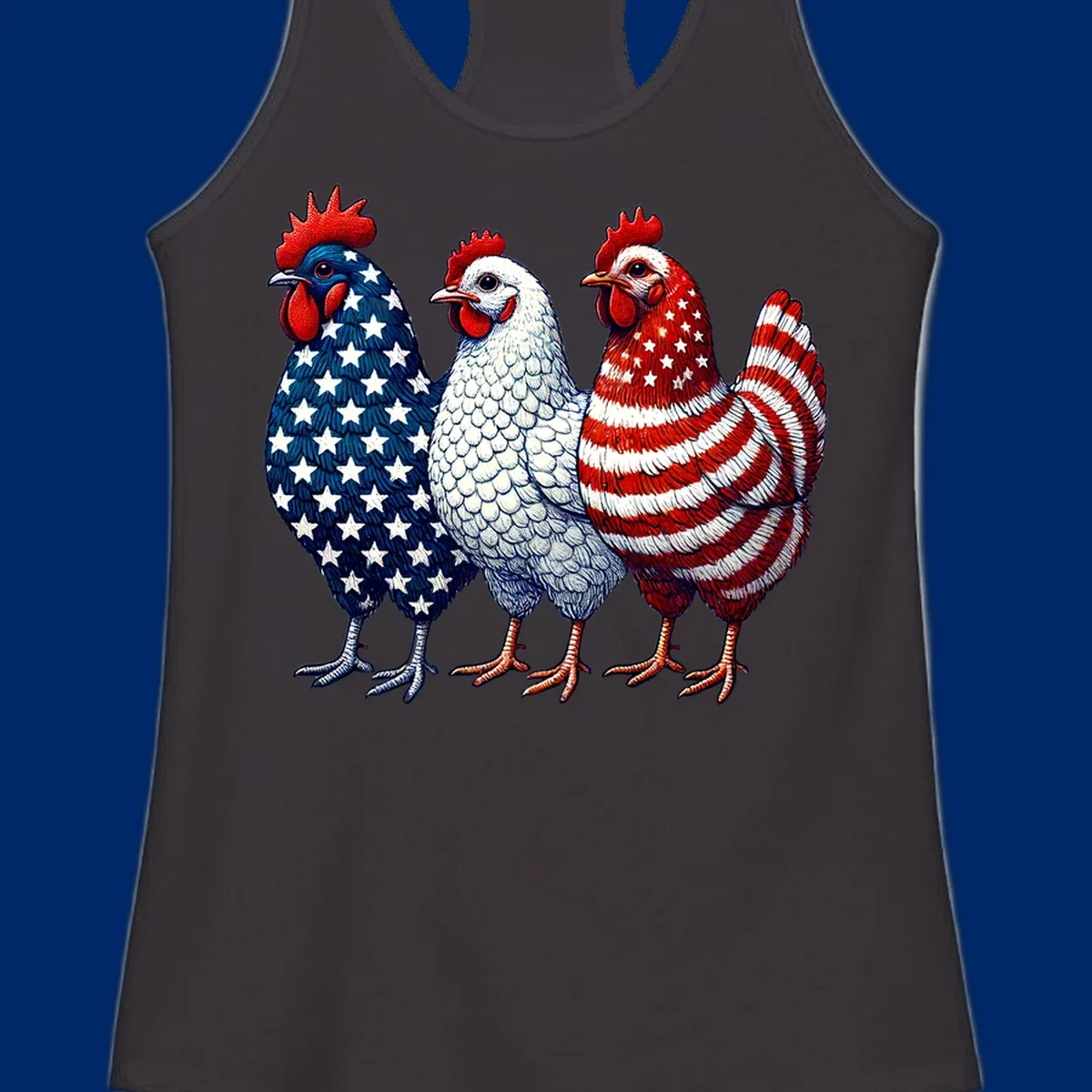 An illustration of a patriotic rooster trio, with each rooster decorated in American flag colors and patterns, including stars and stripes.