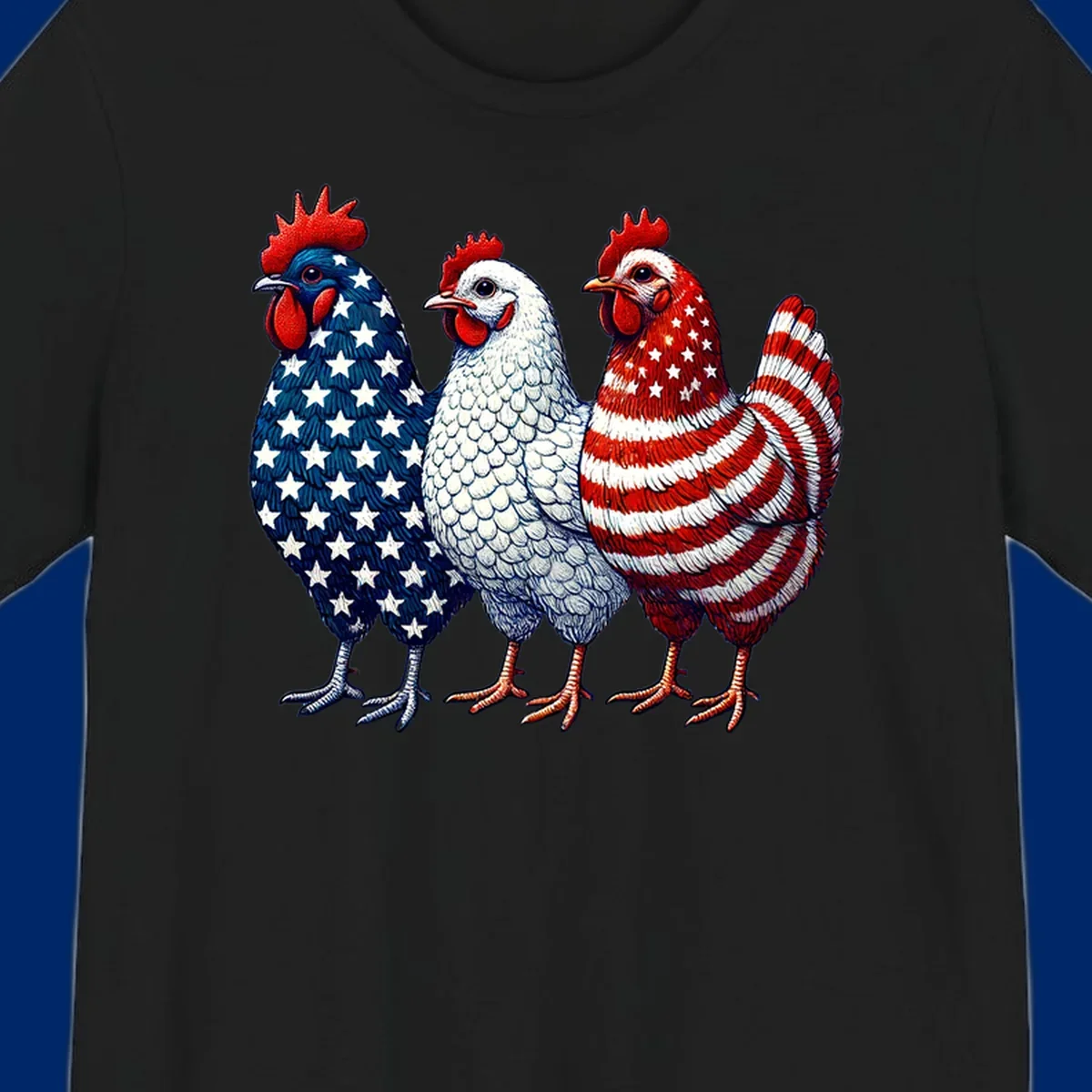 An illustration of a patriotic rooster trio, with each rooster decorated in American flag colors and patterns, including stars and stripes.