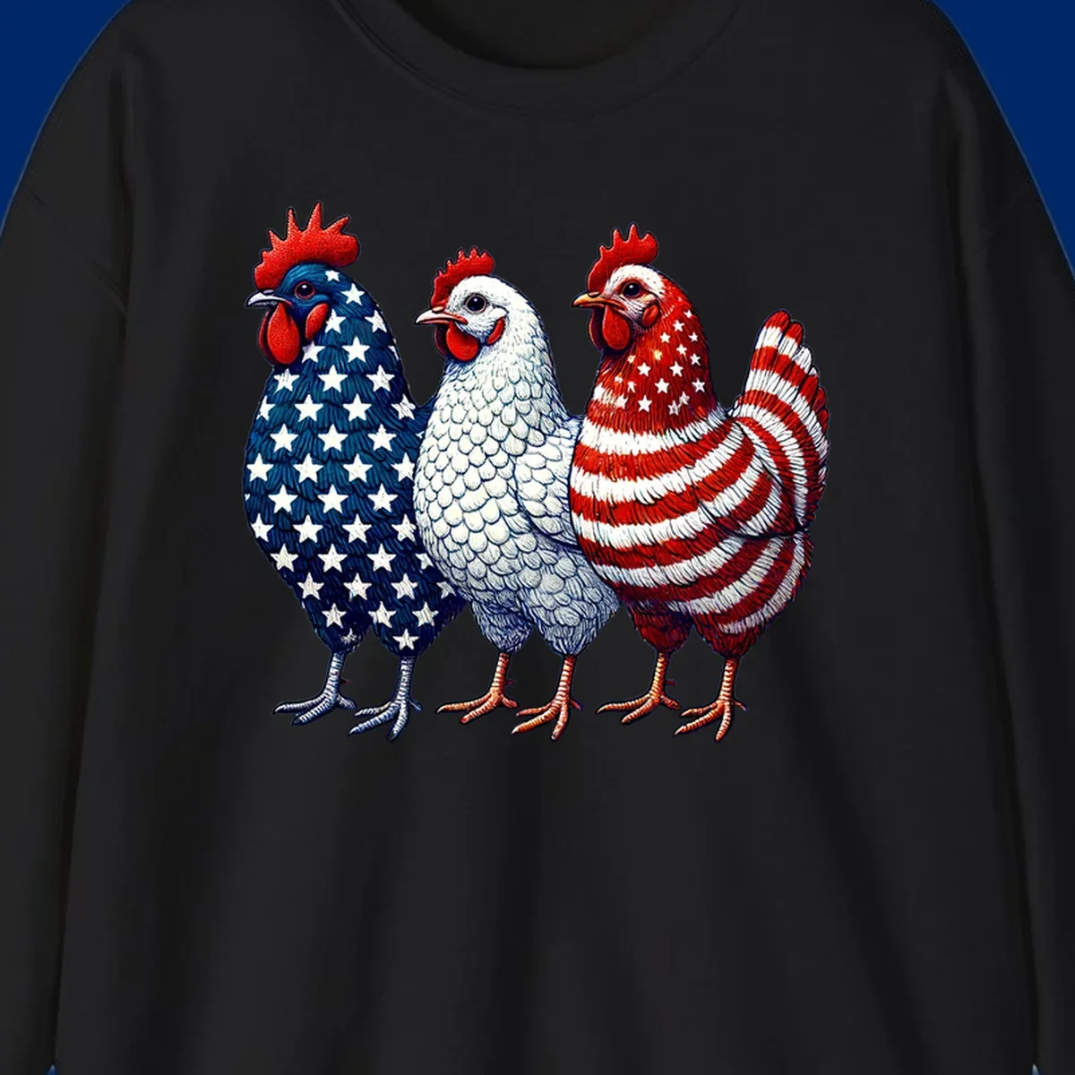 An illustration of a patriotic rooster trio, with each rooster decorated in American flag colors and patterns, including stars and stripes.