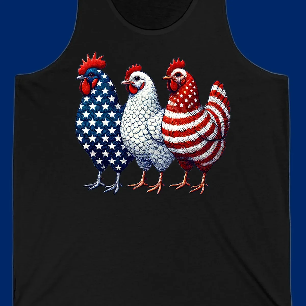 An illustration of a patriotic rooster trio, with each rooster decorated in American flag colors and patterns, including stars and stripes.