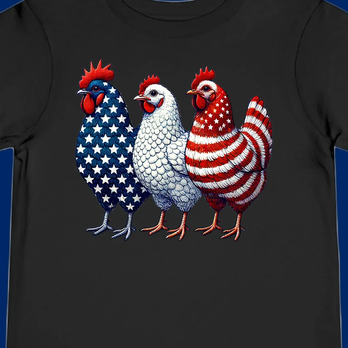 An illustration of a patriotic rooster trio, with each rooster decorated in American flag colors and patterns, including stars and stripes.