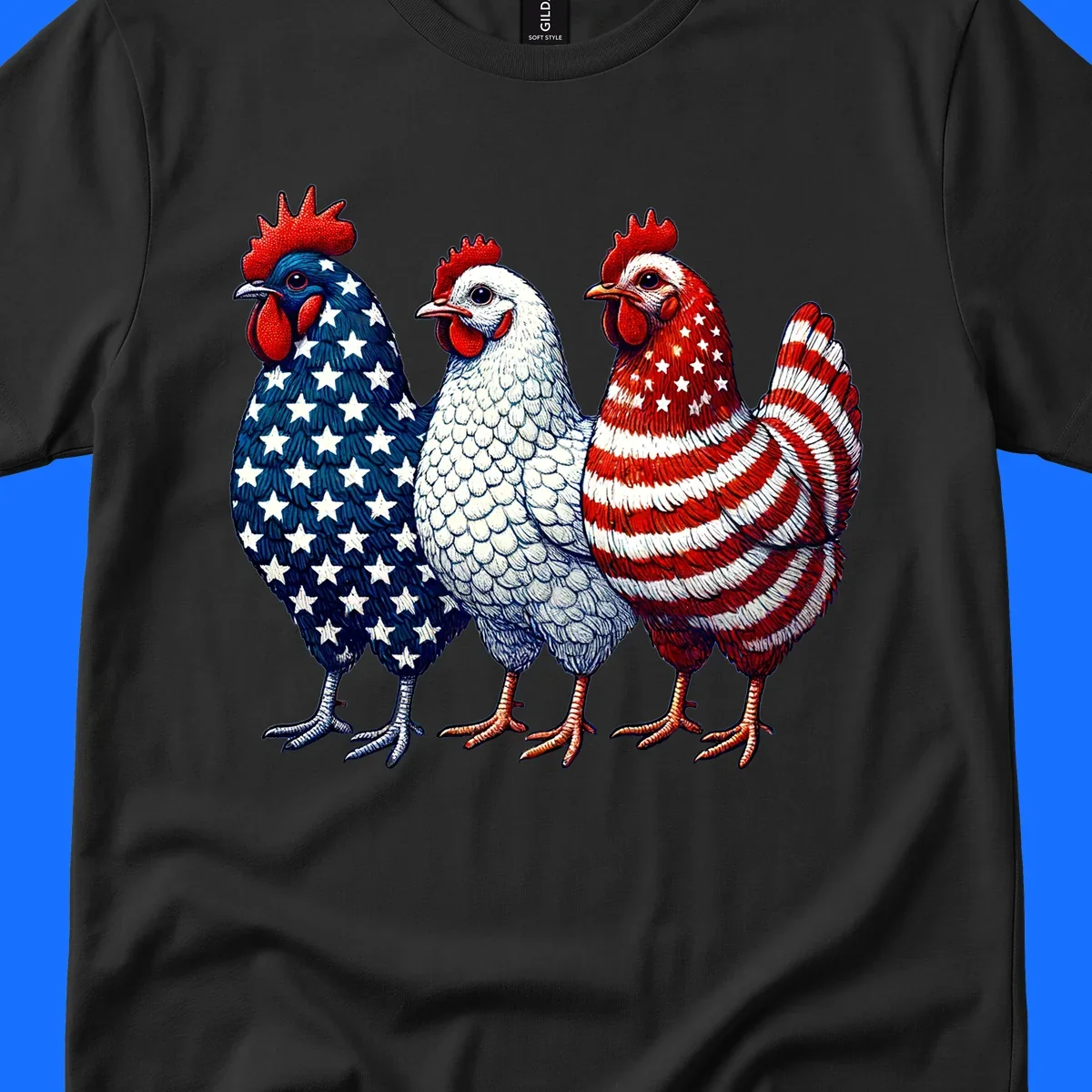 An illustration of a patriotic rooster trio, with each rooster decorated in American flag colors and patterns, including stars and stripes.