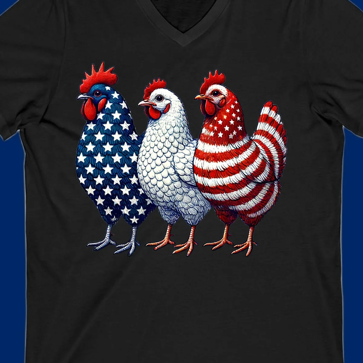 An illustration of a patriotic rooster trio, with each rooster decorated in American flag colors and patterns, including stars and stripes.