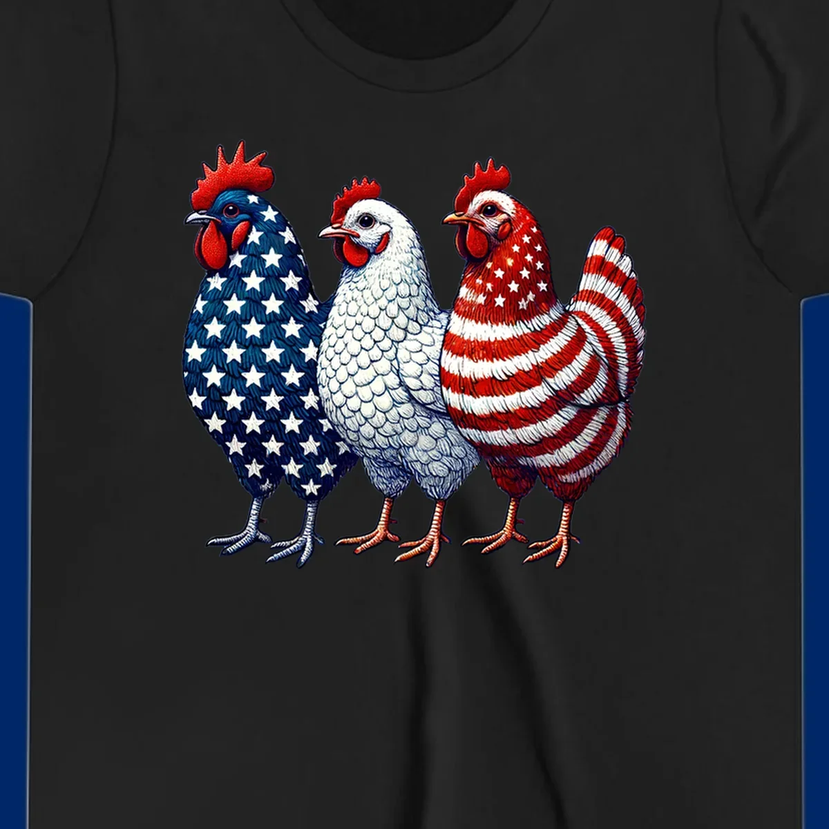 An illustration of a patriotic rooster trio, with each rooster decorated in American flag colors and patterns, including stars and stripes.