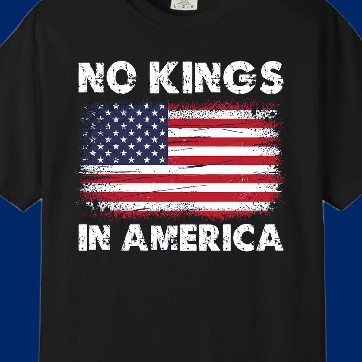 No Kings In America design featuring a distressed American flag and bold text.
