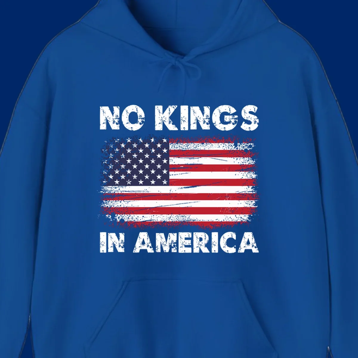 No Kings In America design featuring a distressed American flag and bold text.