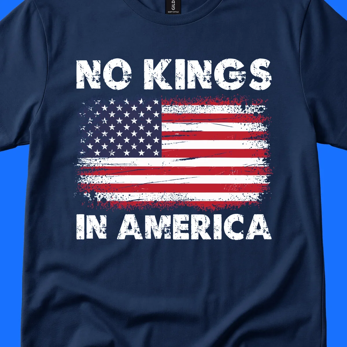 No Kings In America design featuring a distressed American flag and bold text.