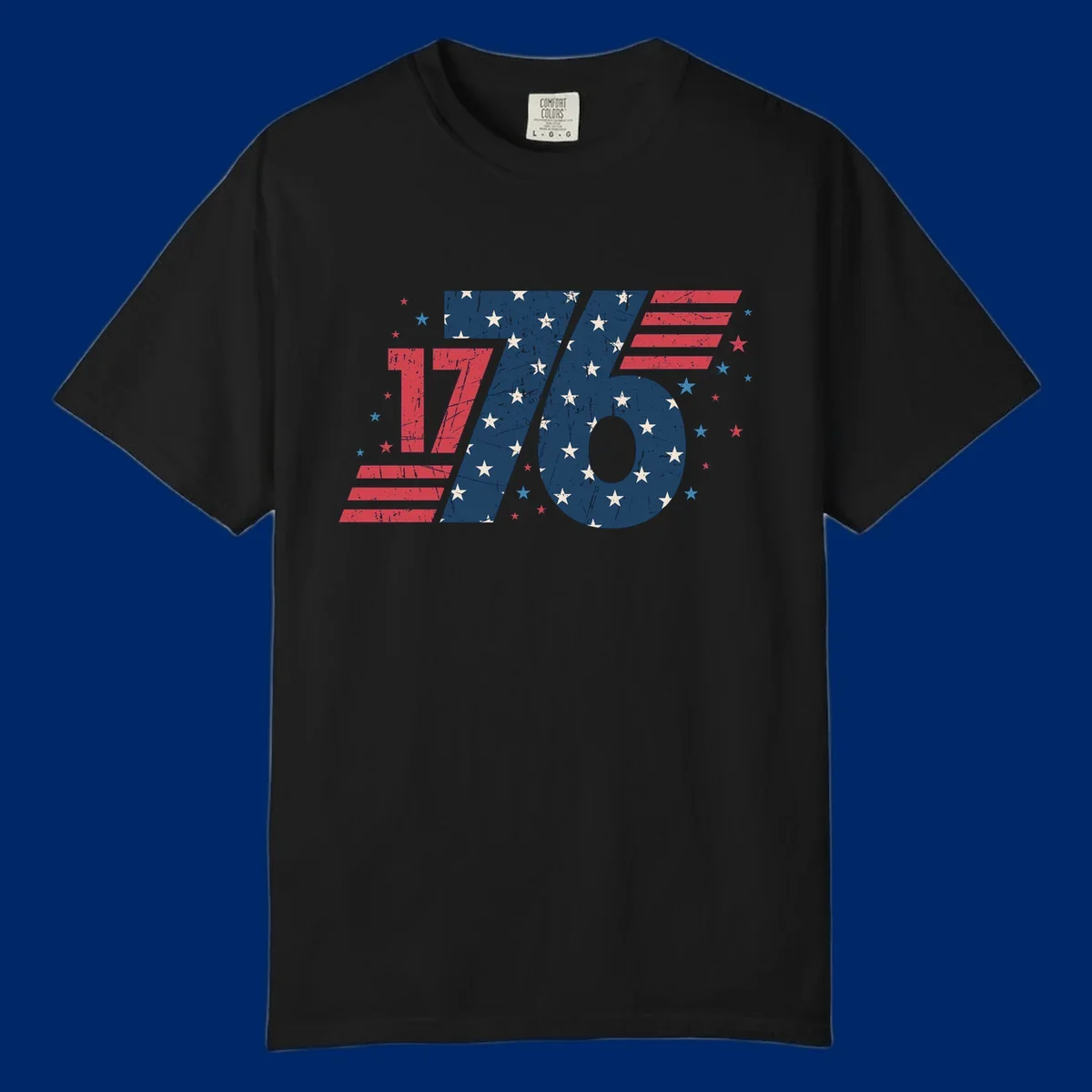 Vintage distressed 1776 flag graphic featuring bold numbers integrated with stars and stripes.