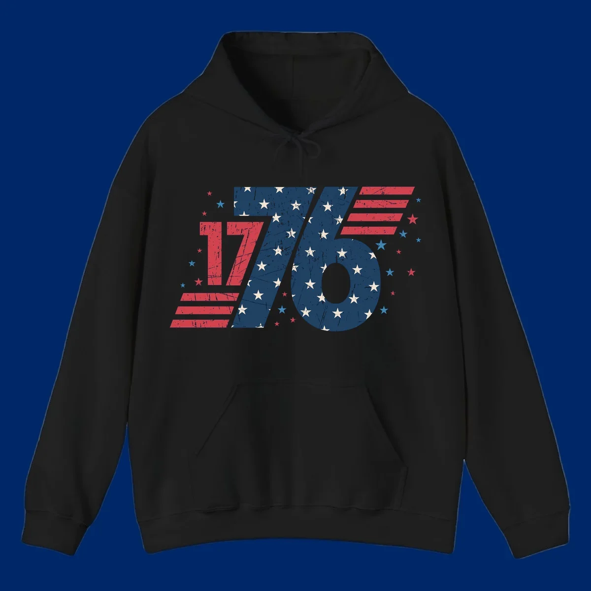 Vintage distressed 1776 flag graphic featuring bold numbers integrated with stars and stripes.