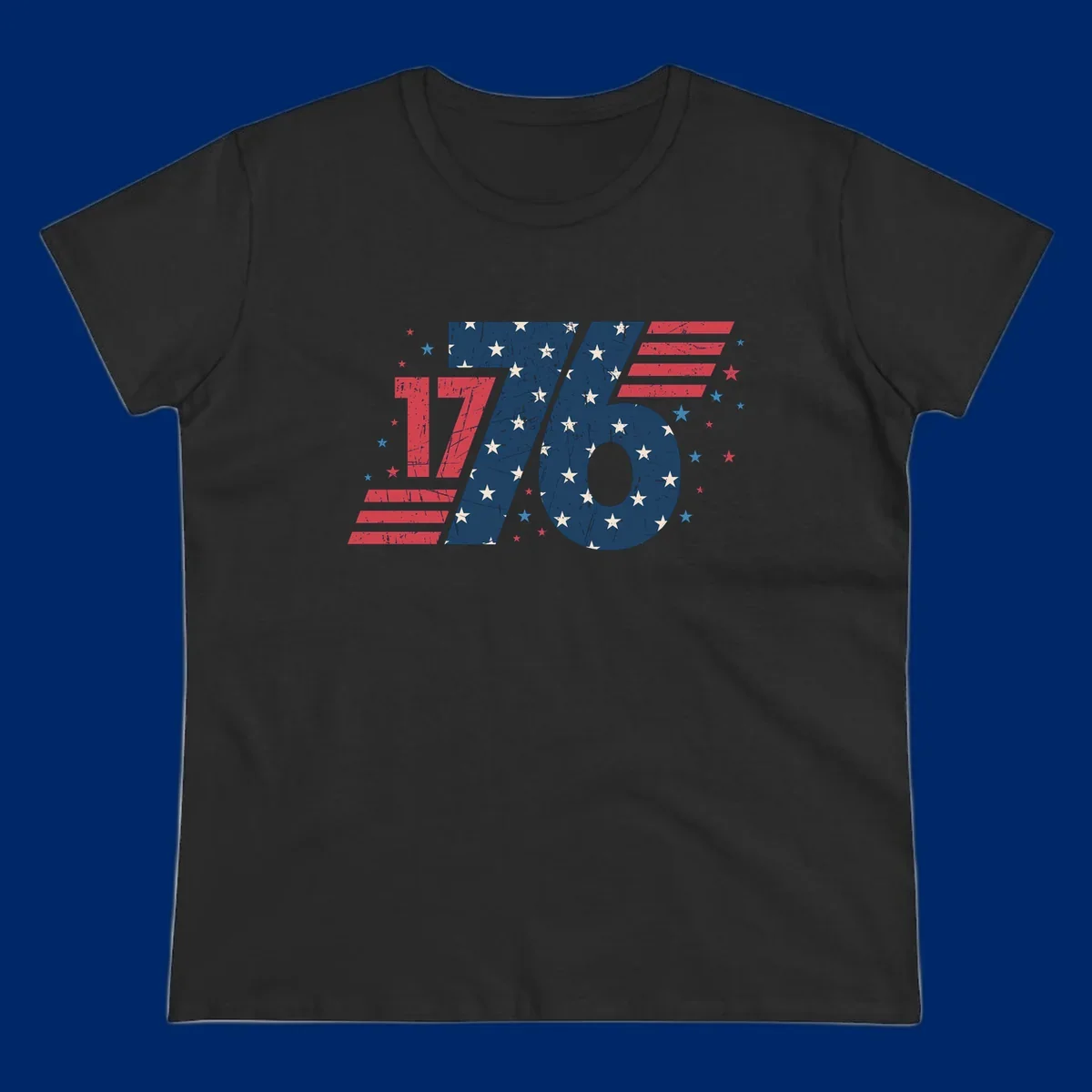 Vintage distressed 1776 flag graphic featuring bold numbers integrated with stars and stripes.