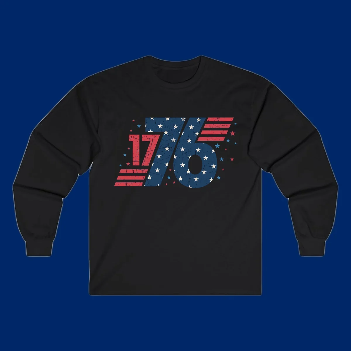 Vintage distressed 1776 flag graphic featuring bold numbers integrated with stars and stripes.