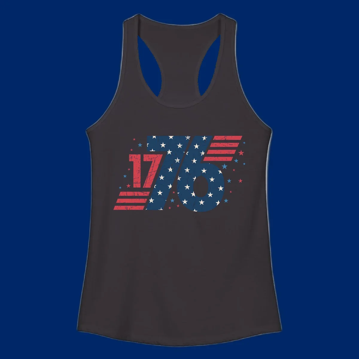 Vintage distressed 1776 flag graphic featuring bold numbers integrated with stars and stripes.