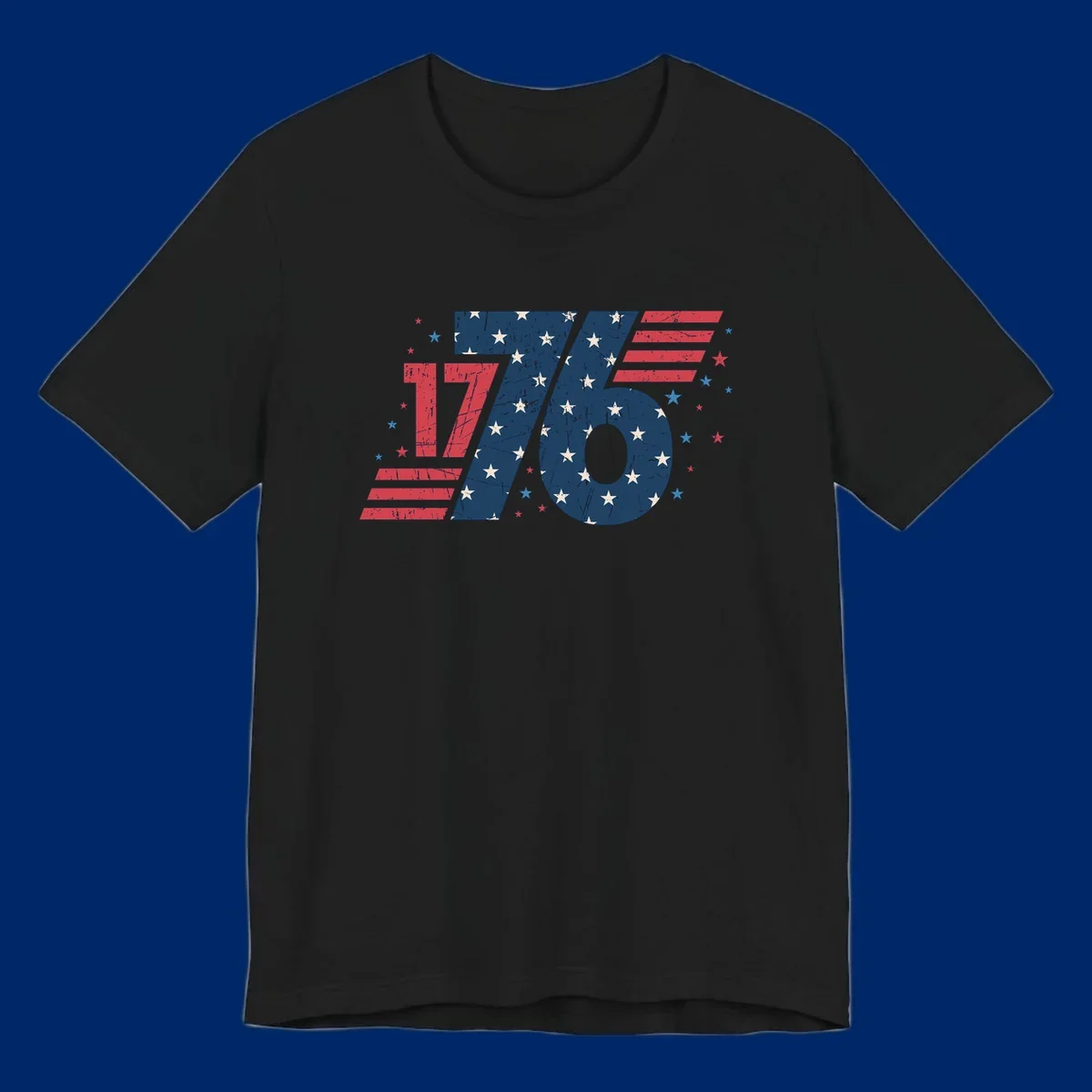 Vintage distressed 1776 flag graphic featuring bold numbers integrated with stars and stripes.