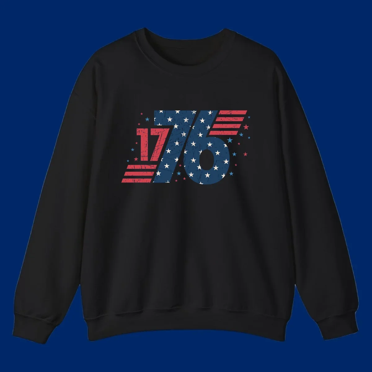 Vintage distressed 1776 flag graphic featuring bold numbers integrated with stars and stripes.