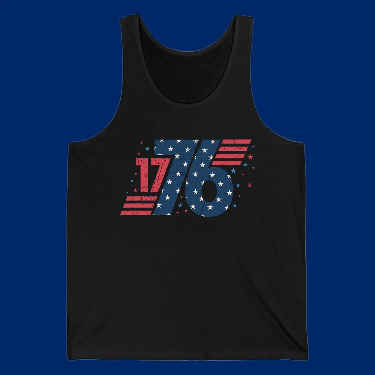 Vintage distressed 1776 flag graphic featuring bold numbers integrated with stars and stripes.