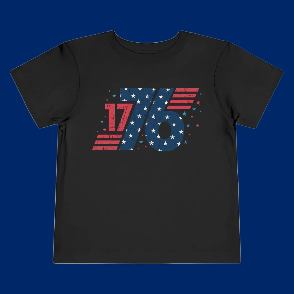 Vintage distressed 1776 flag graphic featuring bold numbers integrated with stars and stripes.
