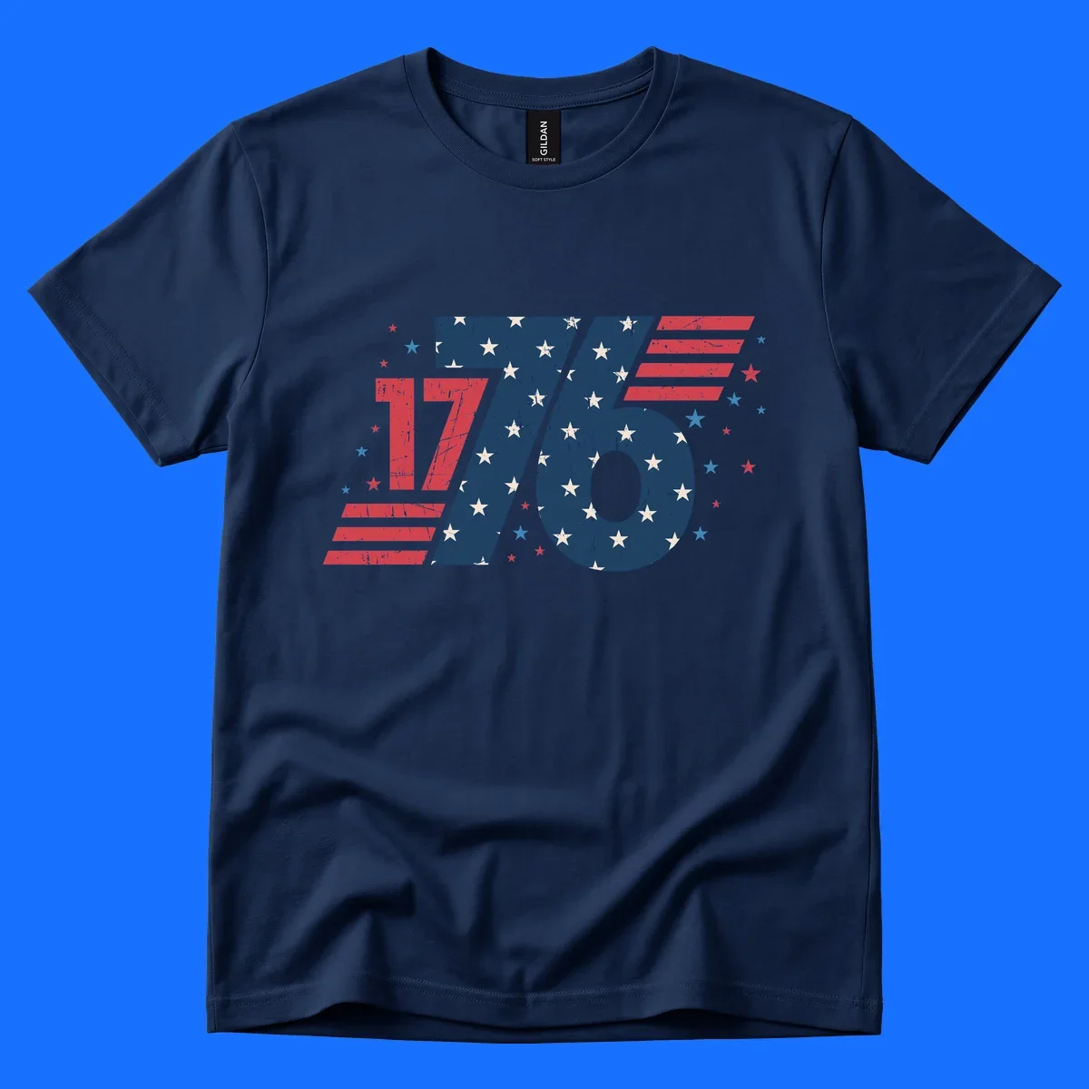 Vintage distressed 1776 flag graphic featuring bold numbers integrated with stars and stripes.