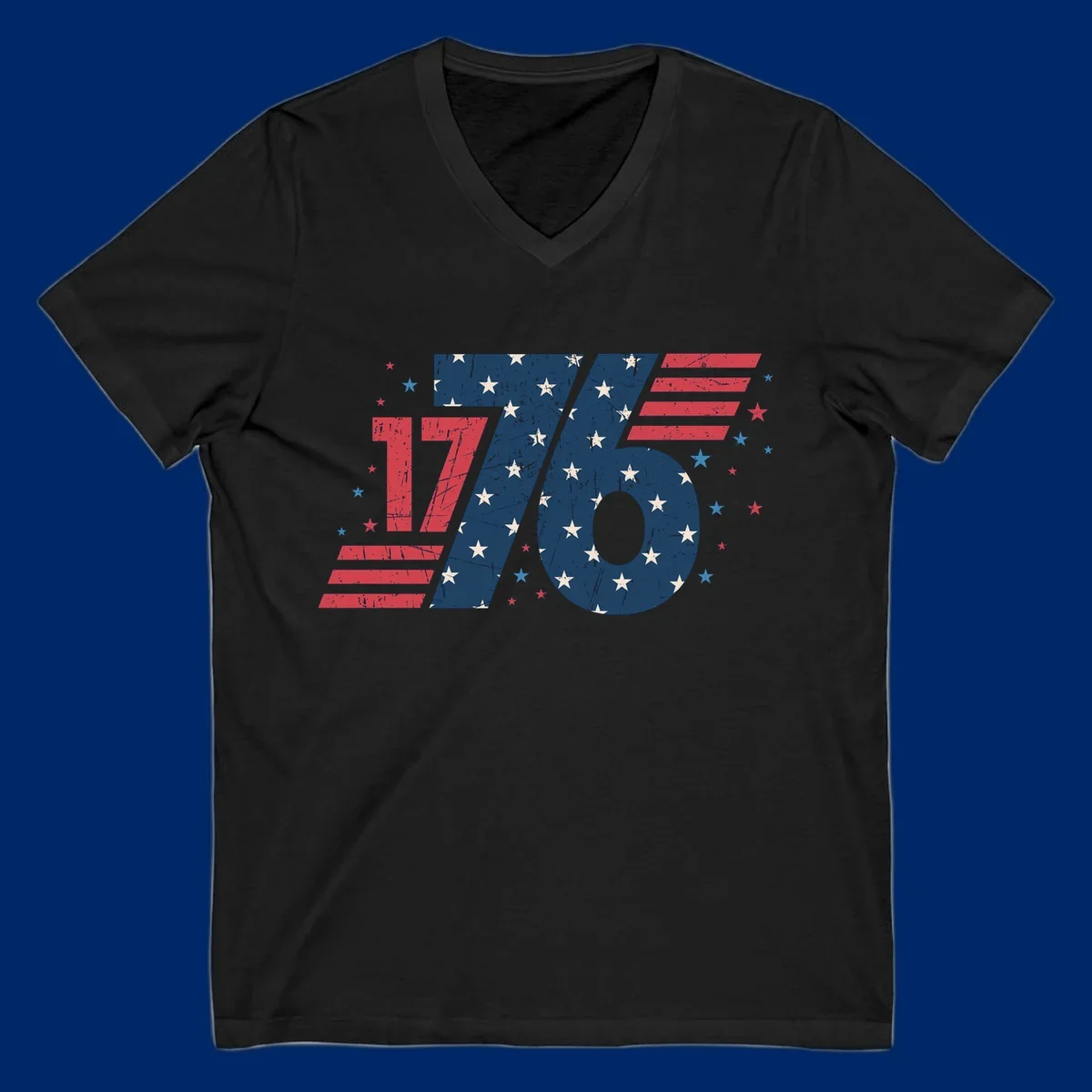 Vintage distressed 1776 flag graphic featuring bold numbers integrated with stars and stripes.