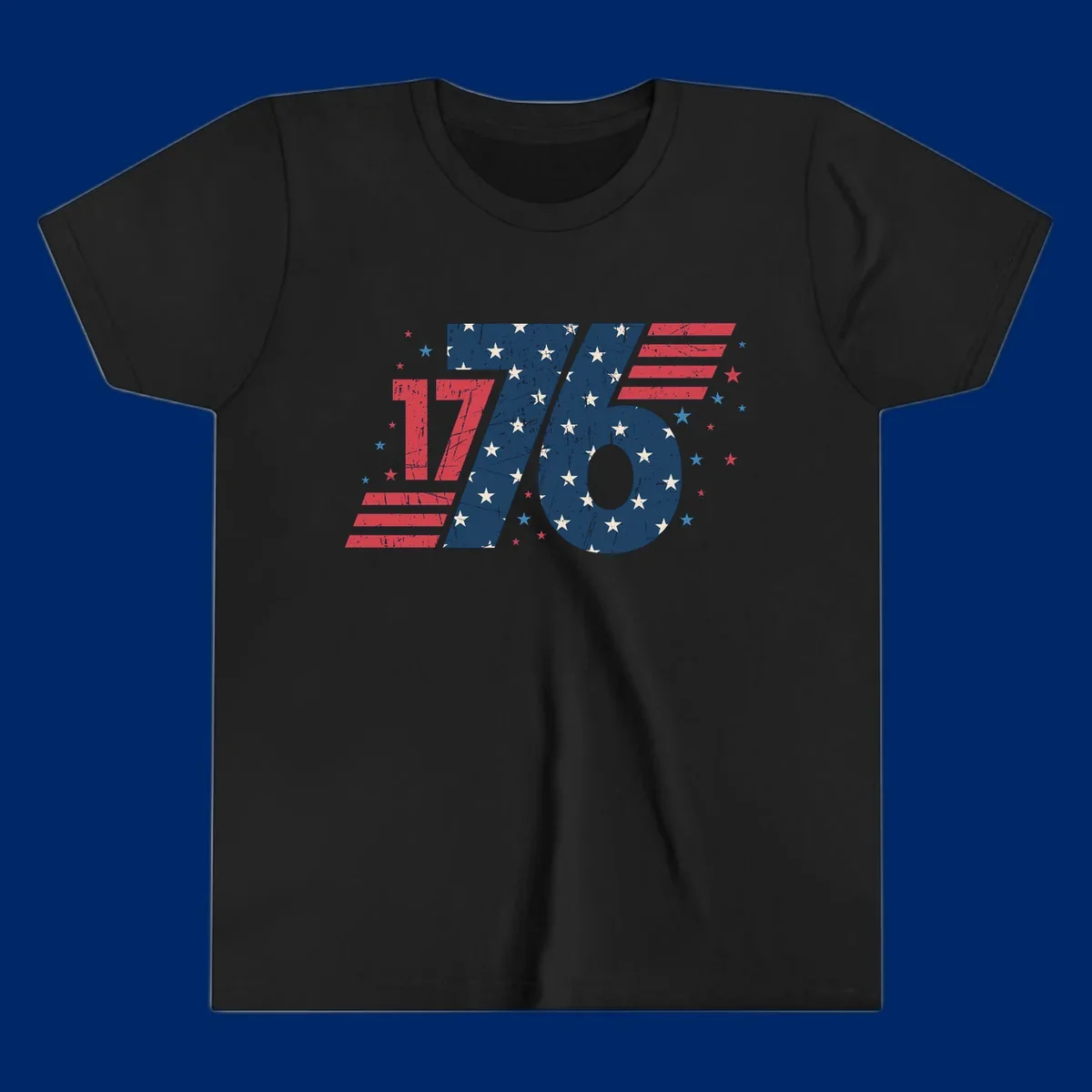 Vintage distressed 1776 flag graphic featuring bold numbers integrated with stars and stripes.