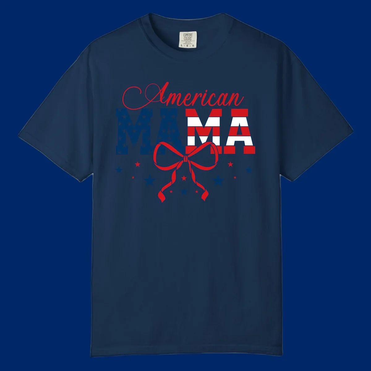 A patriotic design featuring 'American Mama' in red, white, and blue, with stars, stripes, and a bow. Includes the american-mama-patriotic-stars concept.