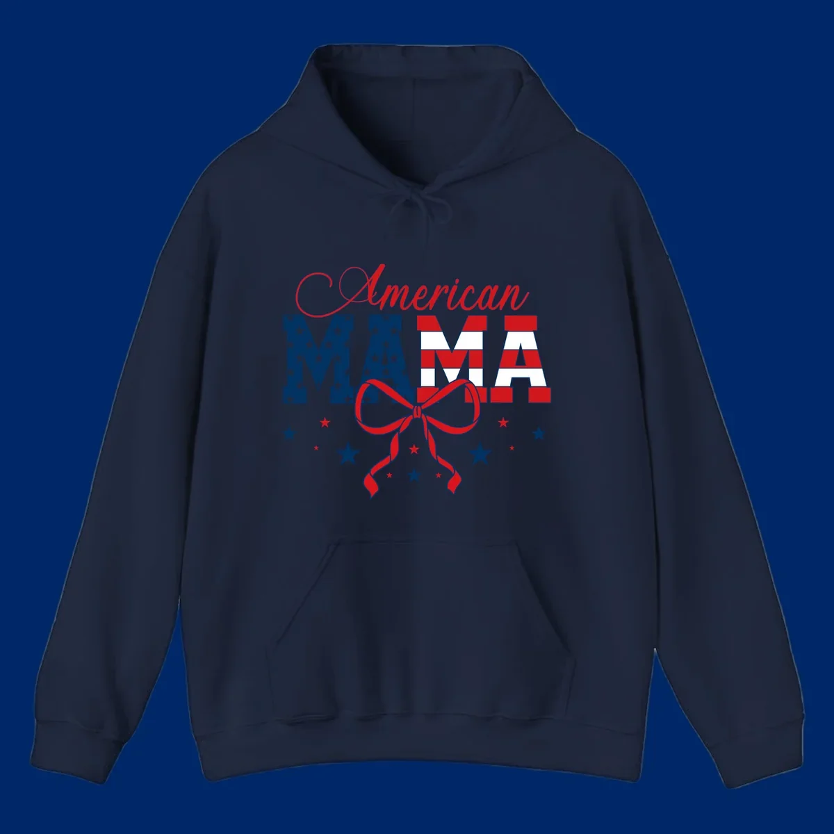 A patriotic design featuring 'American Mama' in red, white, and blue, with stars, stripes, and a bow. Includes the american-mama-patriotic-stars concept.