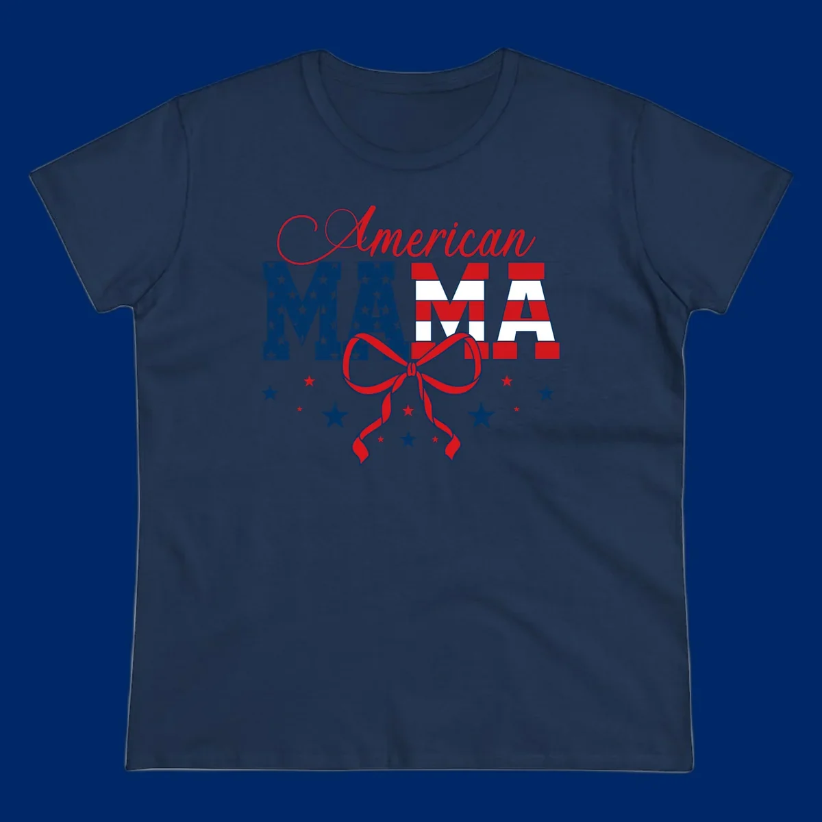 A patriotic design featuring 'American Mama' in red, white, and blue, with stars, stripes, and a bow. Includes the american-mama-patriotic-stars concept.