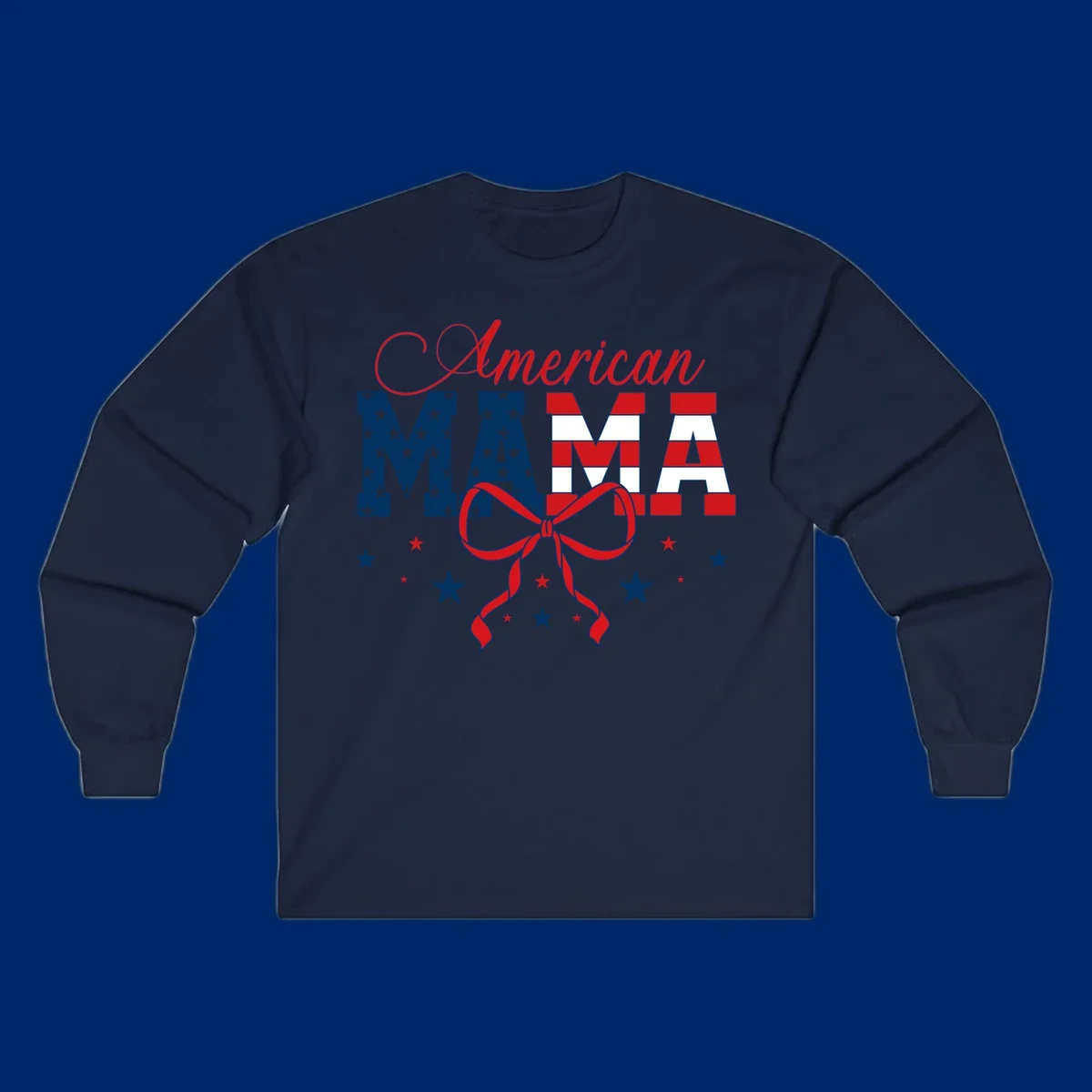 A patriotic design featuring 'American Mama' in red, white, and blue, with stars, stripes, and a bow. Includes the american-mama-patriotic-stars concept.