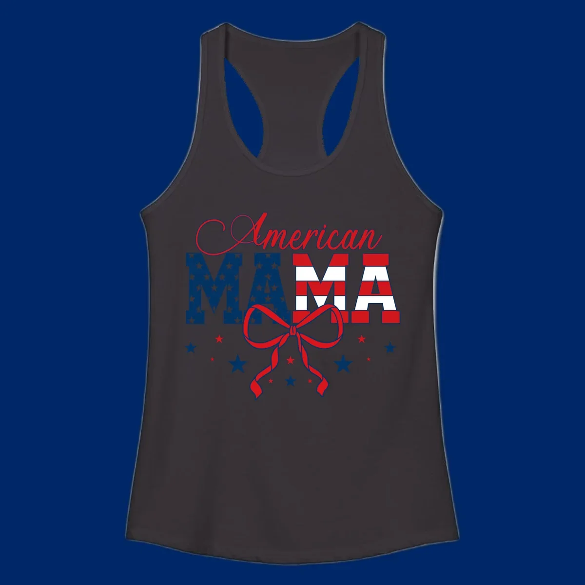 A patriotic design featuring 'American Mama' in red, white, and blue, with stars, stripes, and a bow. Includes the american-mama-patriotic-stars concept.