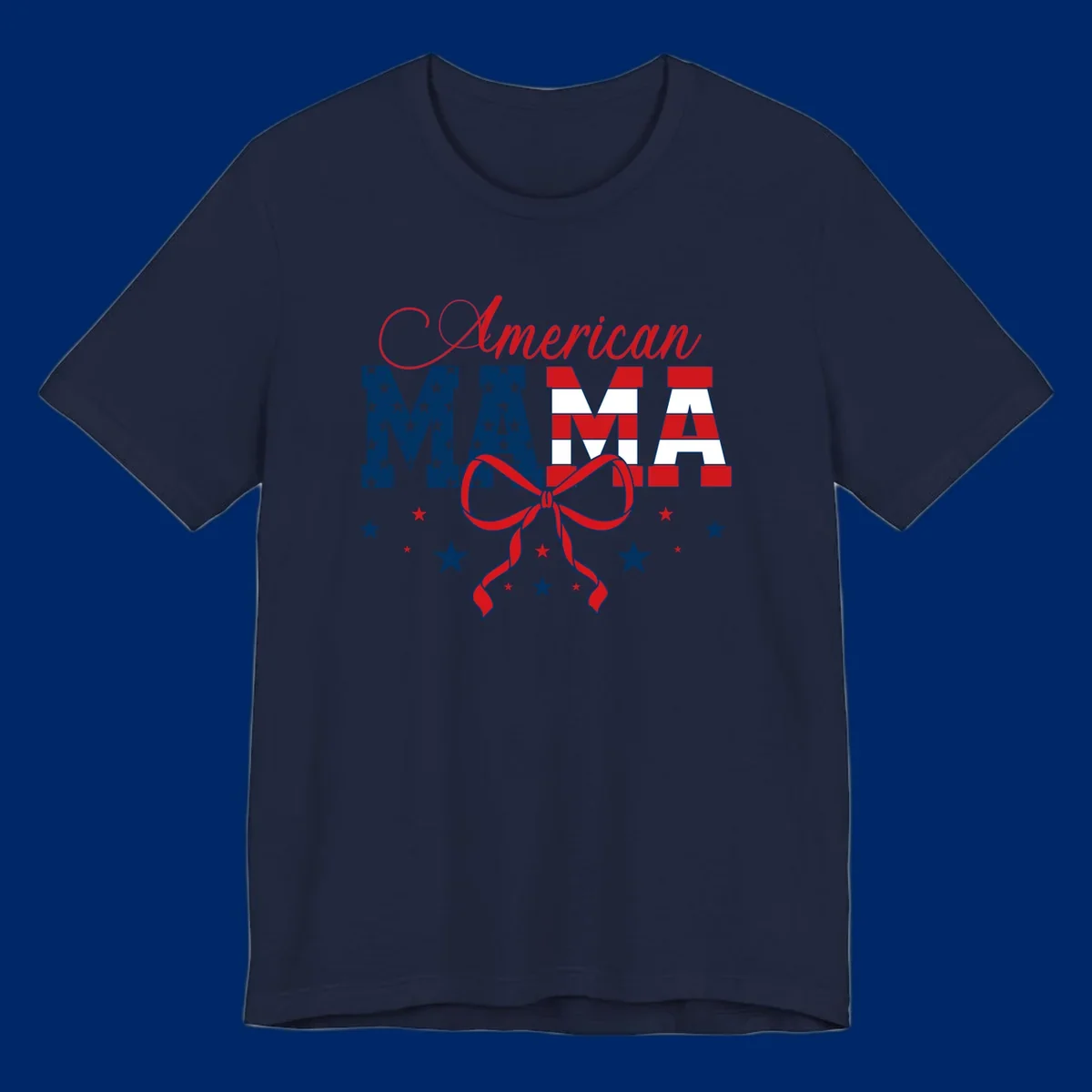 A patriotic design featuring 'American Mama' in red, white, and blue, with stars, stripes, and a bow. Includes the american-mama-patriotic-stars concept.