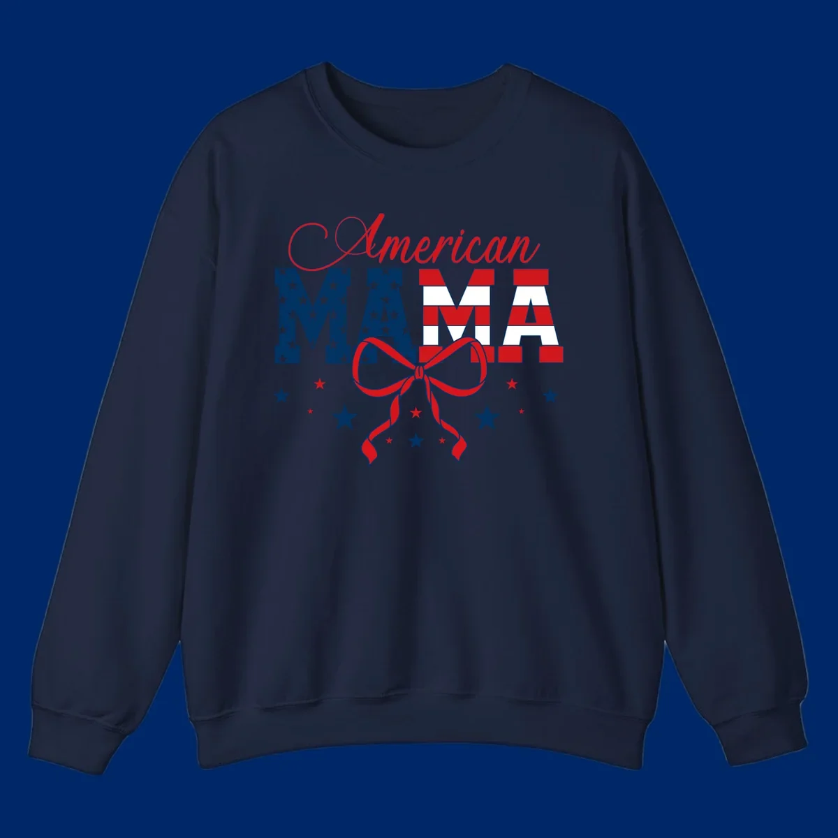 A patriotic design featuring 'American Mama' in red, white, and blue, with stars, stripes, and a bow. Includes the american-mama-patriotic-stars concept.