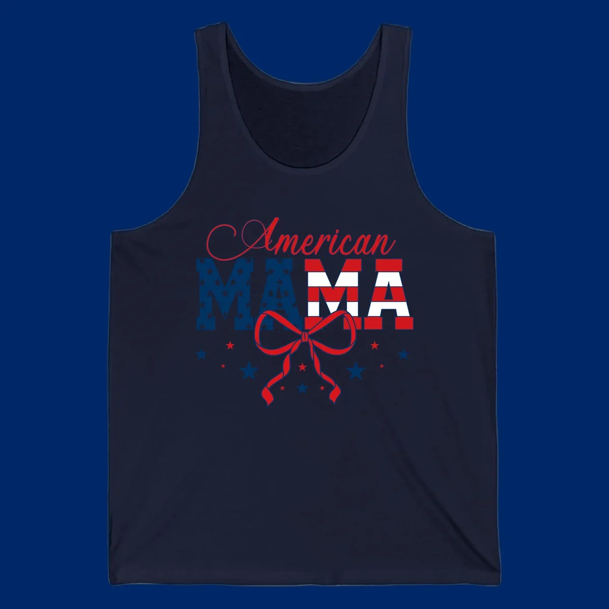 A patriotic design featuring 'American Mama' in red, white, and blue, with stars, stripes, and a bow. Includes the american-mama-patriotic-stars concept.
