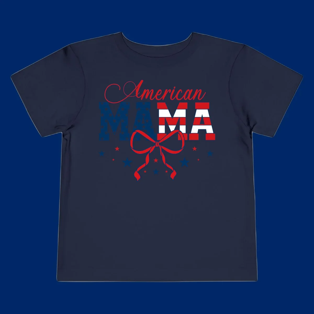 A patriotic design featuring 'American Mama' in red, white, and blue, with stars, stripes, and a bow. Includes the american-mama-patriotic-stars concept.
